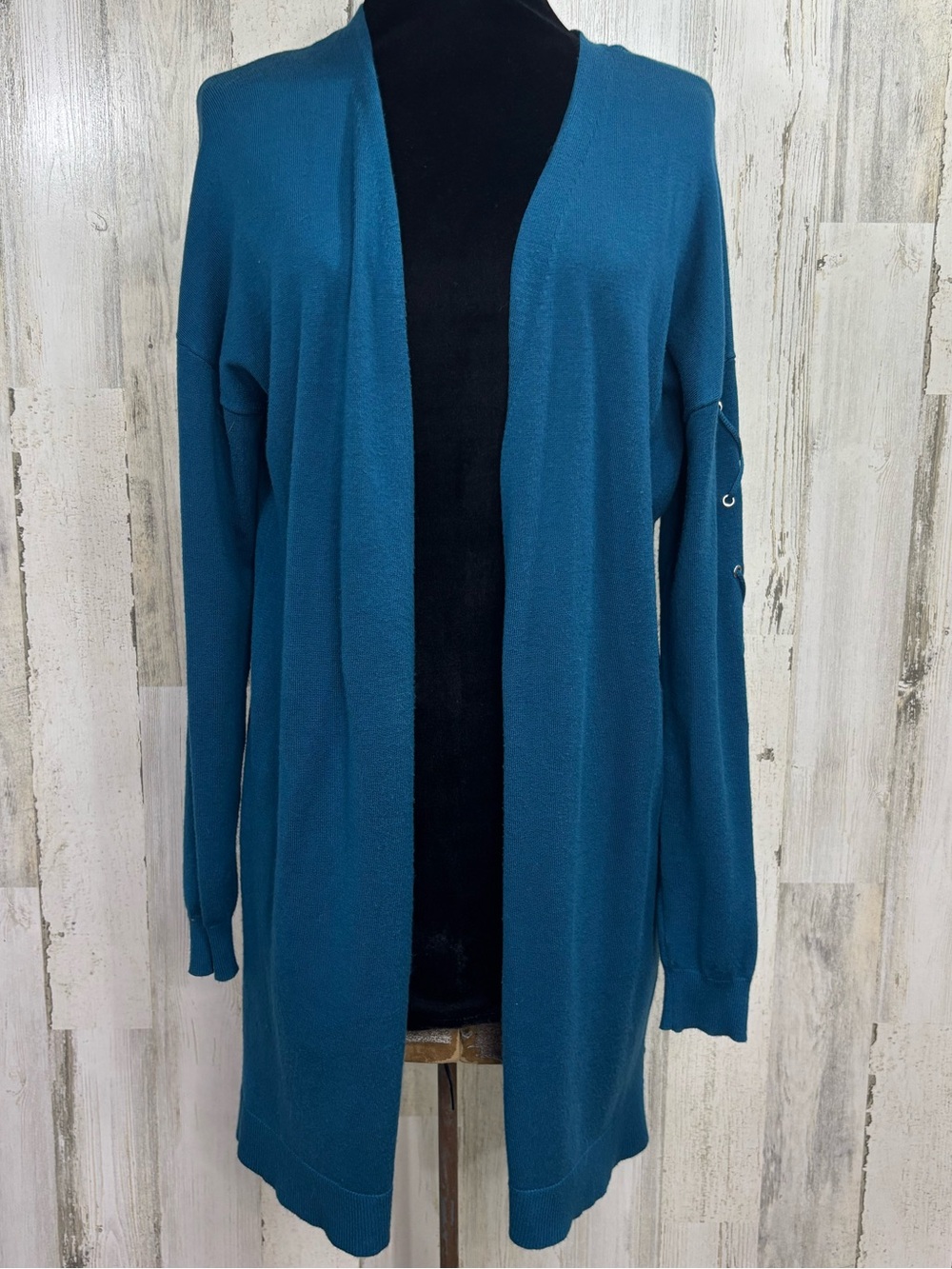 Relativity Teal Open-Front Duster Sweater‎ Cardigan Featuring Lace-Up Sleeves